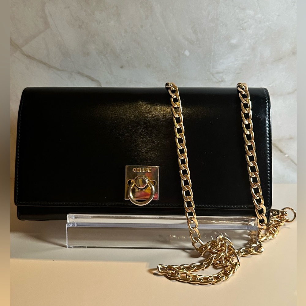 Celine Black Leather Clutch with Gold Chain